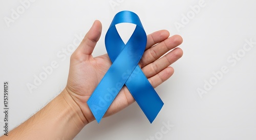 A close-up shows a person hands holding and offering a light blue ribbon against a white background.