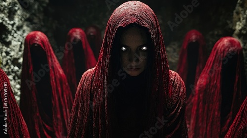 Enigmatic hooded figures in red robes with glowing eyes in a dark cave, mysterious cult ritual and supernatural theme