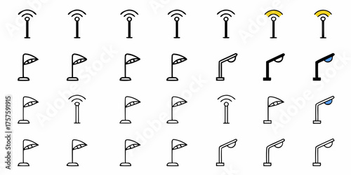 Collection of modern street light icons ideal for urban planning, smart city concepts, and infrastructure design projects, available in black and white and vibrant color schemes