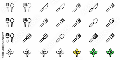 Elegant cutlery set icons for restaurant menus and culinary designs, featuring modern fork, knife, spoon, and plant sprout outlines in a clean, minimalist style