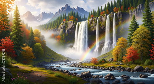 Serene mountain landscape featuring a stunning multi-tiered waterfall, colorful autumn foliage, and a beautiful rainbow