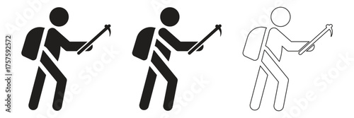 Hiking and Trekking Icon set, Backpacker with Stick Vector outline