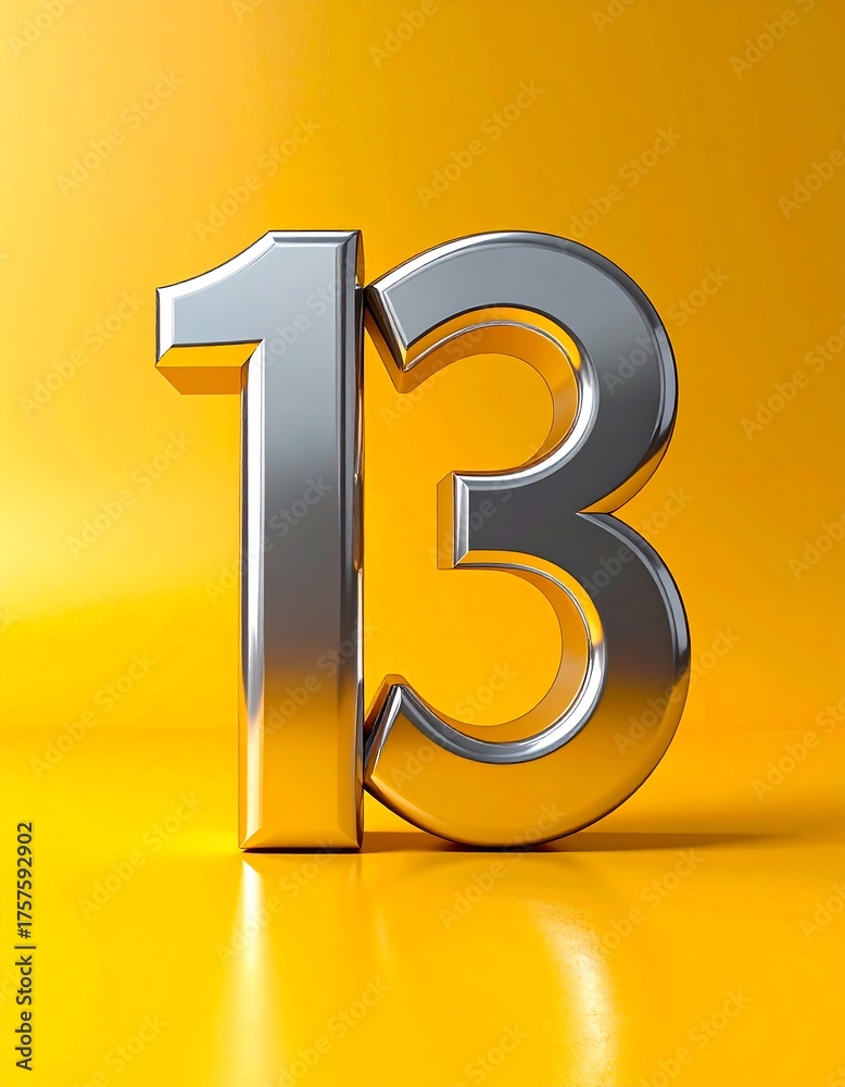 Obraz premium Metallic number thirteen on yellow background