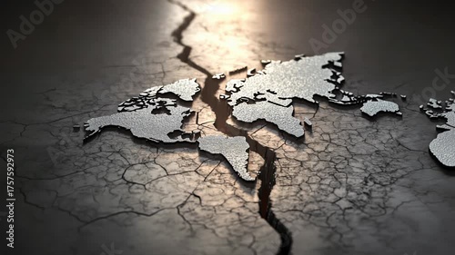 Crack on Earth map symbolizing economic crisis and modern world collapse, Fracture across globe representing global recession and societal decay 4k