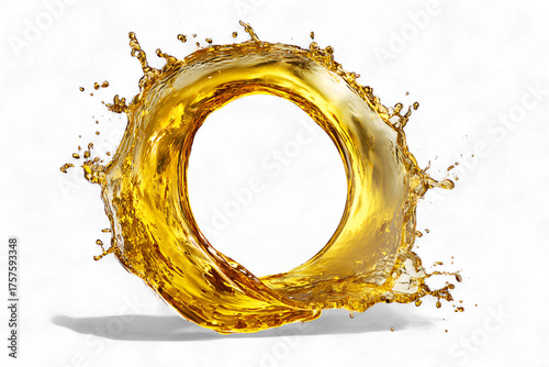 Golden liquid splash forming a circular shape, isolated on transparent background