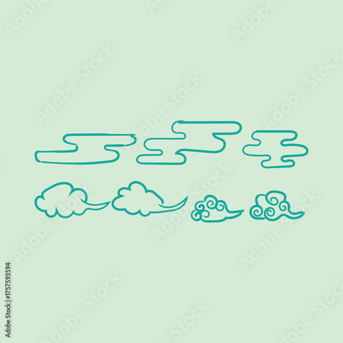 A collection of stylized green clouds in various shapes and forms on a light green background