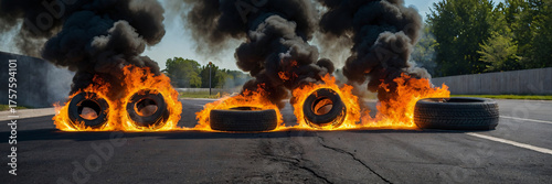 Used tires burn intensely on an asphalt road, generating thick black smoke that billows into the clear sky, creating a scene of unrest or emergency