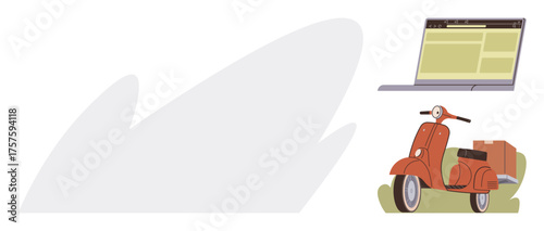 Retro scooter with luggage beside laptop screen, highlighting travel, remote work, nomadic lifestyle, mobility, e-commerce ideas, minimalism, and exploration ideals. Stylish simple flat metaphor