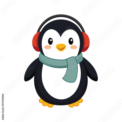 Adorable cartoon penguin dressed warmly for winter with cozy earmuffs and scarf