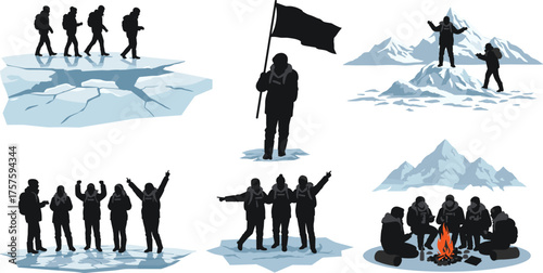 Snowy mountain expedition, teamwork, adventure, summit, campfire, winter trekking, climbers, icy terrain, outdoor survival, alpine journey