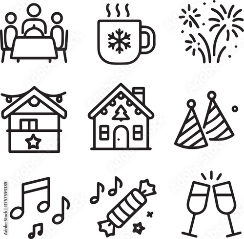 Collection of festive holiday celebration icons in a simple line art style