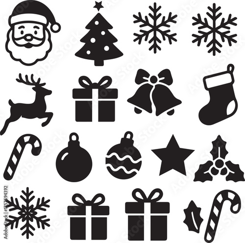 Collection of silhouette christmas icons and symbols for holiday design