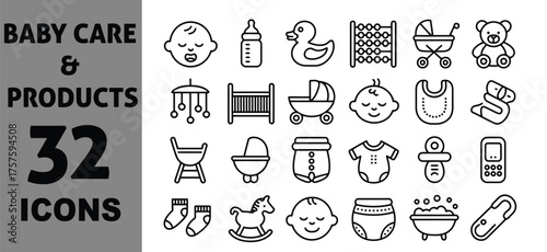 Collection of 32 vector icons for baby care and products scalable eps vector