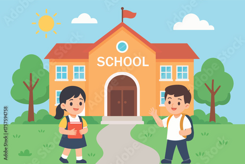 Happy school children standing in front of school building – back to school flat vector illustration