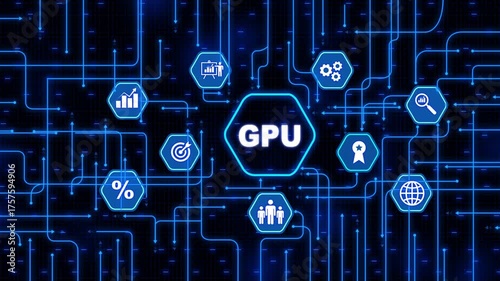 GPU Graphic Processor Hardware Tech. Processing Electronic Technology concept on server rack background. Circuit board with moving electrons and graphics processing unit GPU. 