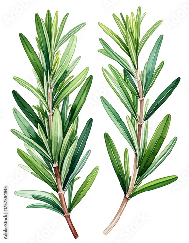 Detailed botanical illustration of rosemary sprigs