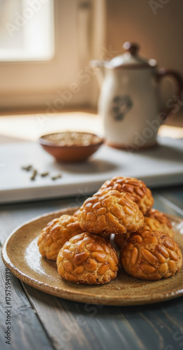 Traditional panellets, a typical autumn sweet from Catalonia, Spain. Festive atmosphere of All Saints' Day and La Castanyada