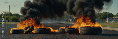 Used tires burn intensely on an asphalt road, generating thick black smoke that billows into the clear sky, creating a scene of unrest or emergency