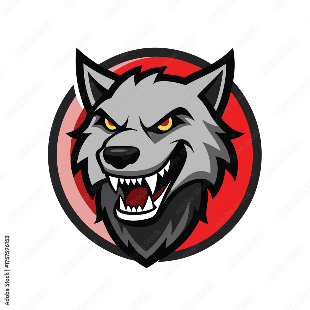 Fototapeta premium Fierce grey wolf mascot with intense yellow eyes and bared teeth in a red circle