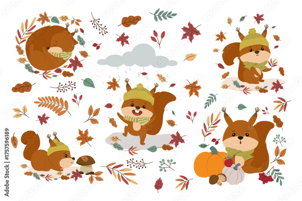 Obraz premium Charming vector illustration of a playful squirrel engaging in various autumn activities. Surrounded by falling leaves, rain, and pumpkins, the squirrel exudes warmth and joy.