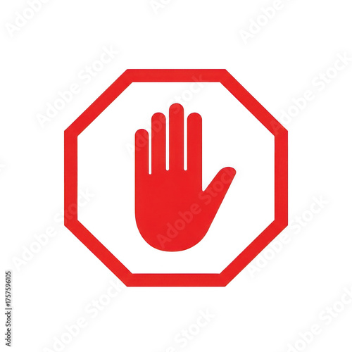Red stop sign with open hand symbol isolated on transparent background