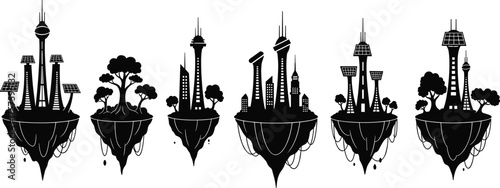 Futuristic floating city islands, modern skyline with solar panels, sustainable architecture, imaginative urban design, eco friendly landscape, fantasy illustration, innovation