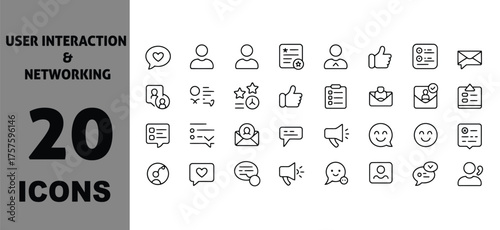 Collection of 20 scalable vector line icons for social interaction and communication themes vector