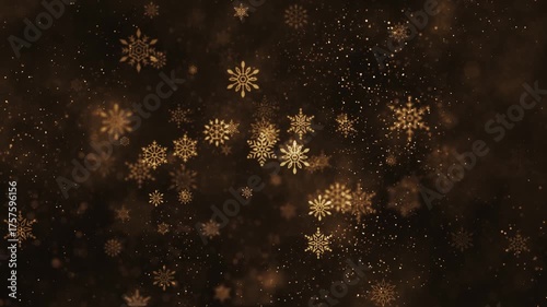 Luxury golden Christmas background  with glittering gold particles, shimmering bokeh light and festive snowflakes. Full HD looping animation.