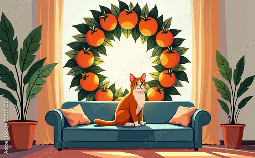 Cat sitting on a couch with an orange solstice wreath in a cozy interior