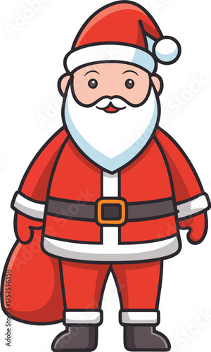 Cute cartoon santa claus character standing with a red gift bag
