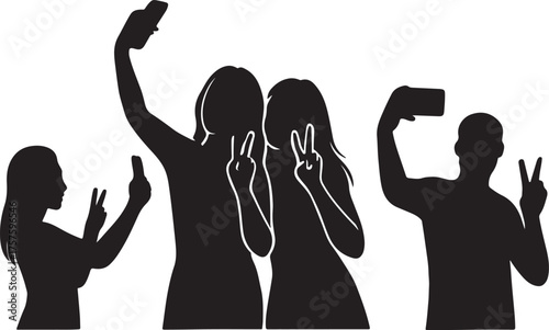 Silhouette people taking selfies with smartphones, peace sign gestures, group and solo poses
