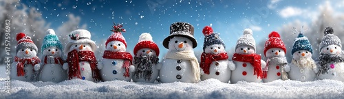 A delightful panoramic lineup of ten cheerful miniature snowmen wearing colorful winter hats and scarves, perfect for a wide Merry Christmas or Happy New Year greeting card banner with horizontal copy