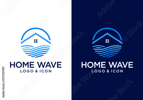beach resort villa logo, house icon logo design with waves