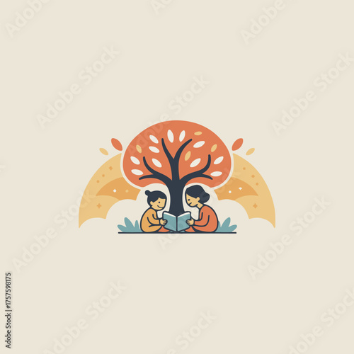 children reading book under a tree