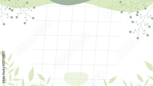 Minimalist Aesthetic Green Grid Background with Botanical Elements and Abstract Organic Shapes