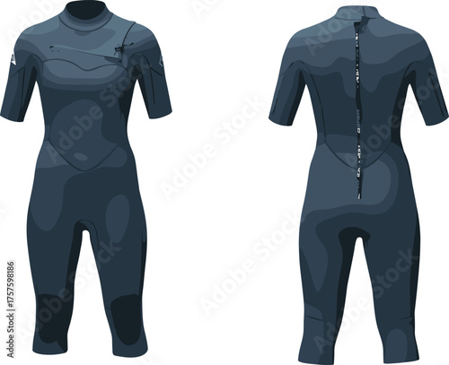 Short sleeve wetsuit front and back view vector illustration, diving suit design, water sports gear, neoprene swimwear, surfing equipment graphic