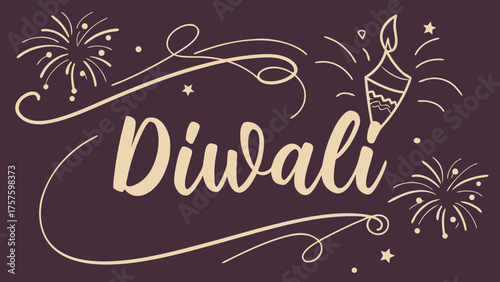 Elegant Diwali Celebration Design with Fireworks and Festive Typography, Perfect for Holiday Greetings and Cultural Events, Featuring a Festive Lantern