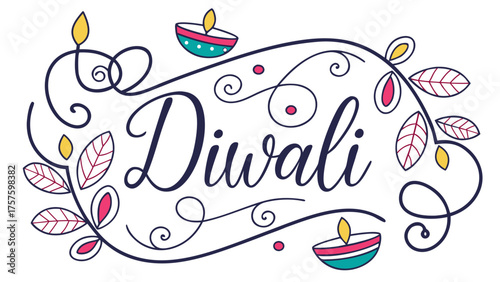Celebrate Diwali with this festive design featuring the word "Diwali" surrounded by decorative swirls, leaves, and traditional oil lamps