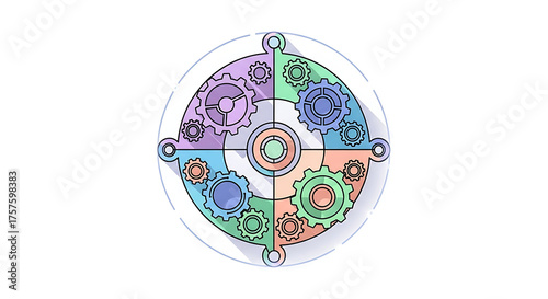 Colorful gears in circle isolated on white background, a concept of teamwork