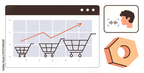 Shopping carts on a graph reflecting business growth, head with voice recognition, and a hexagonal gear. Ideal for marketing, e-commerce, technology, analytics, communication, business strategy