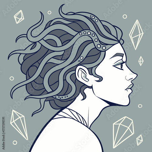 Illustration of a woman with snake hair and crystals