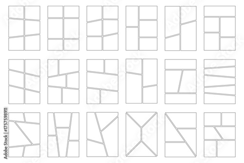 Comic book templates set on white background. Japanese manga design frames and layout. Storyboard cartoon page. Mockup for collage. Vector anime rectangle border