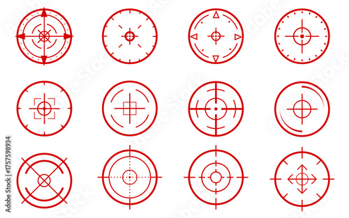 Crosshair red hud vector set. Target icons for sniper shoot. Military game symbols illustration on white background. Weapon circle design. Viewfinder and radar signs