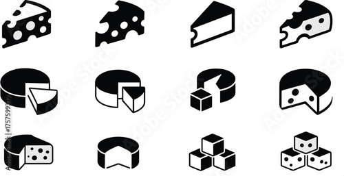 Cheese icon set, dairy product symbols, Swiss cheese silhouette, cheese wheel clipart, food element collection, flat vector illustration