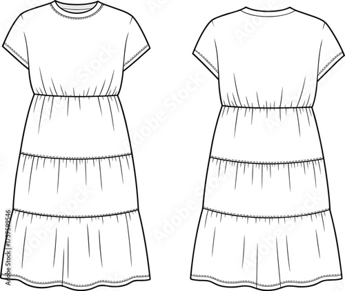 Empire waist dress sketch, tiered fashion design, short sleeve garment template, flowy silhouette outline, clothing construction detail, flat vector illustration