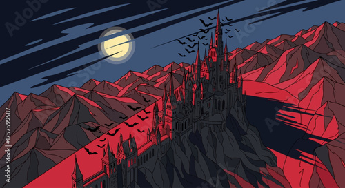 Gothic Castle on Mountain Peak Under Full Moon with Bats Flying - Spooky Halloween Night Landscape