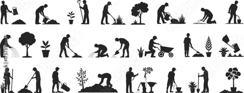 Gardening activity silhouette, people working in garden, watering plants, digging soil, planting trees, trimming bushes, flat vector illustration