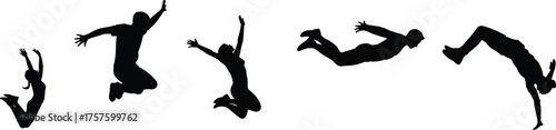 Jumping silhouette, athletic motion, acrobatic pose, flying body, energetic leap, dynamic movement, sports action, vector people, flat design, isolated illustration