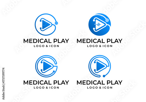 healthcare technology logo icon design vector template, stethoscope with play symbol