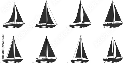 sailboat silhouettes, nautical icons, marine vessels, black and white boats, sailing clipart, ocean transport, minimalist design, flat vector illustration